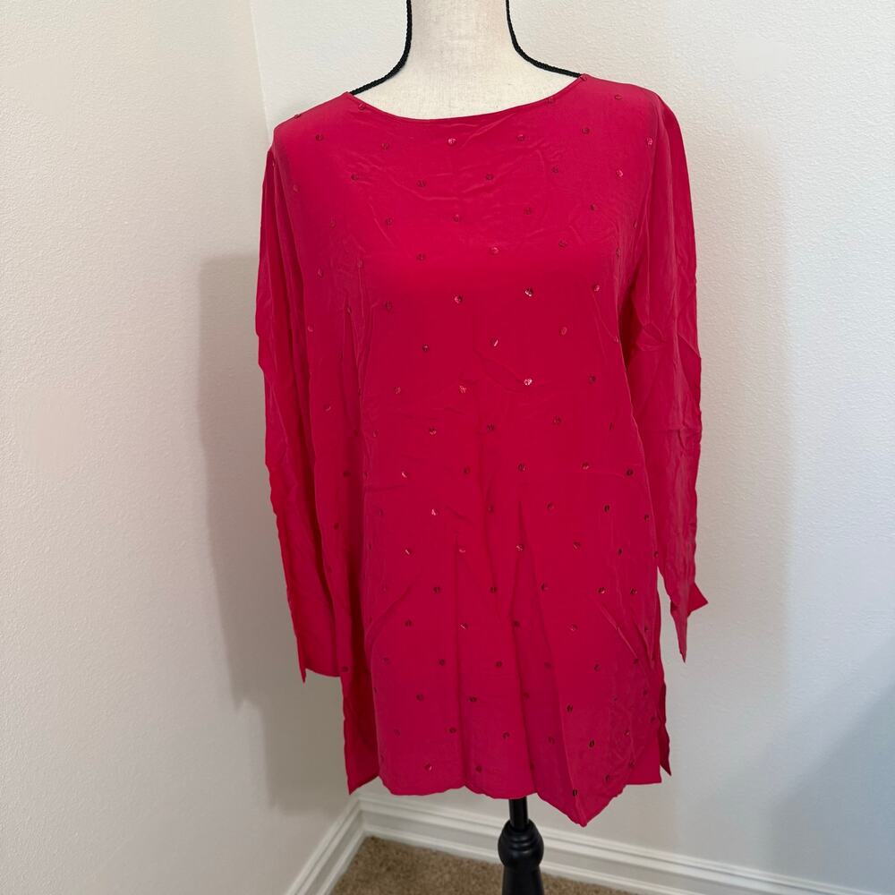 Diane Gilman Vintage Hot Pink Silk Sequin Top Blouse Womens Medium EUC